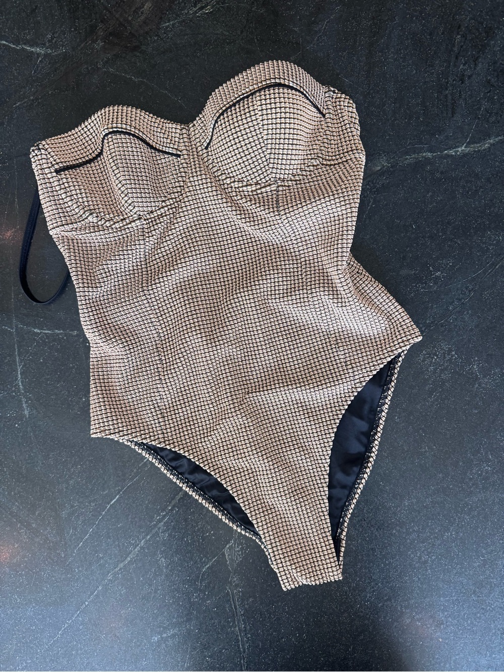 STAUD Maude Taupe and Black Checked Strapless One-Piece Swimsuit